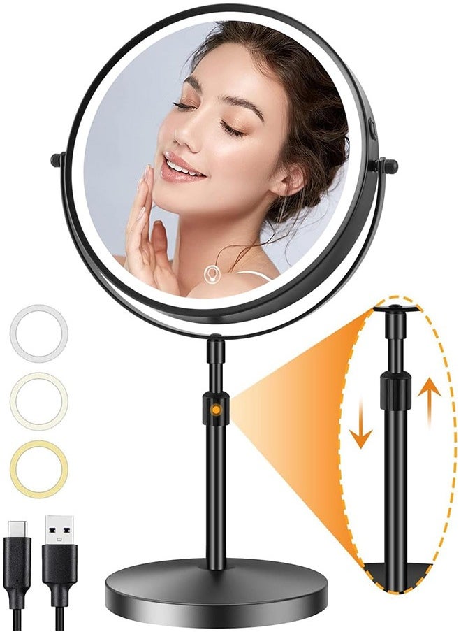 Rechargeable Lighted Height Adjustable Makeup Mirror with 3 Colors,45 Mins Auto Turn Off & Memory Function,Dimmable Double-Sided 1X/10X Magnification LED and 360° Rotation Standing Vanity Mirror