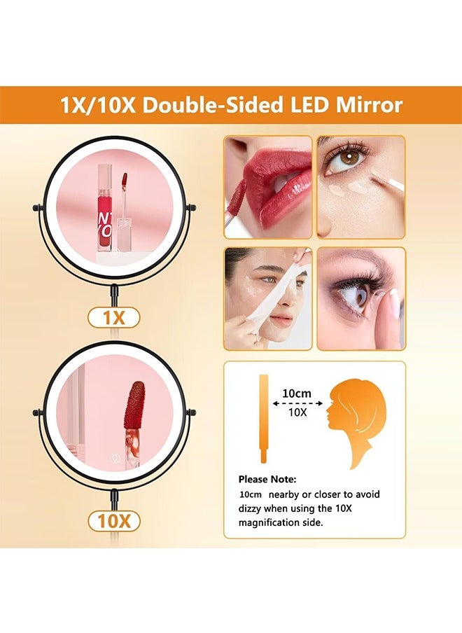 Rechargeable Lighted Height Adjustable Makeup Mirror with 3 Colors,45 Mins Auto Turn Off & Memory Function,Dimmable Double-Sided 1X/10X Magnification LED and 360° Rotation Standing Vanity Mirror