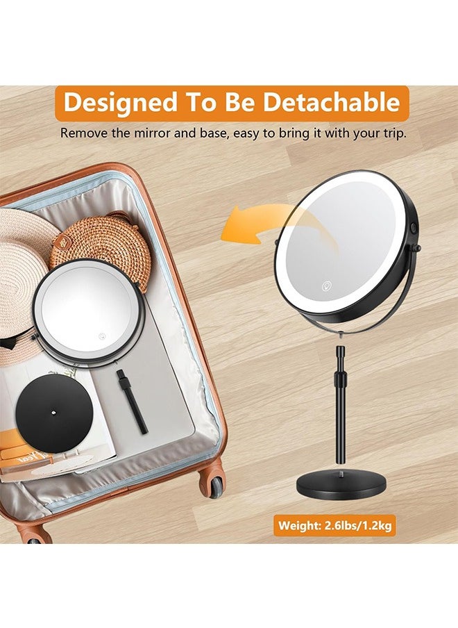 Rechargeable Lighted Height Adjustable Makeup Mirror with 3 Colors,45 Mins Auto Turn Off & Memory Function,Dimmable Double-Sided 1X/10X Magnification LED and 360° Rotation Standing Vanity Mirror