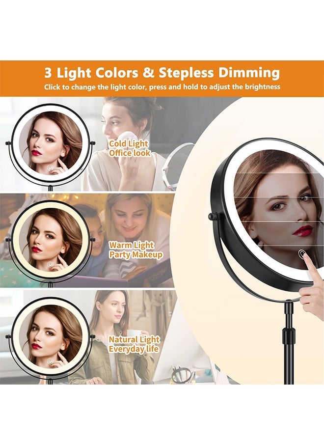 Rechargeable Lighted Height Adjustable Makeup Mirror with 3 Colors,45 Mins Auto Turn Off & Memory Function,Dimmable Double-Sided 1X/10X Magnification LED and 360° Rotation Standing Vanity Mirror