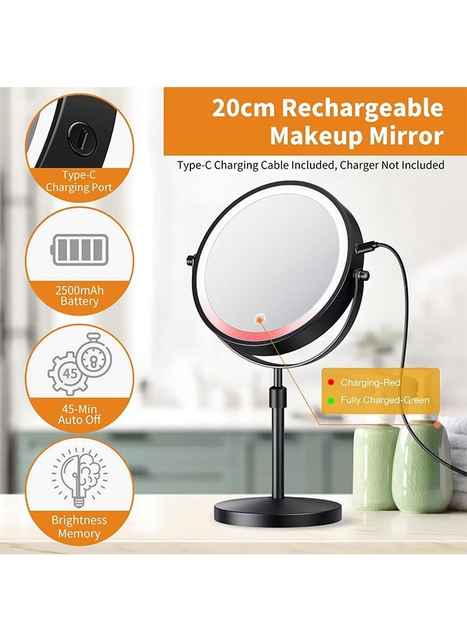 Rechargeable Lighted Height Adjustable Makeup Mirror with 3 Colors,45 Mins Auto Turn Off & Memory Function,Dimmable Double-Sided 1X/10X Magnification LED and 360° Rotation Standing Vanity Mirror