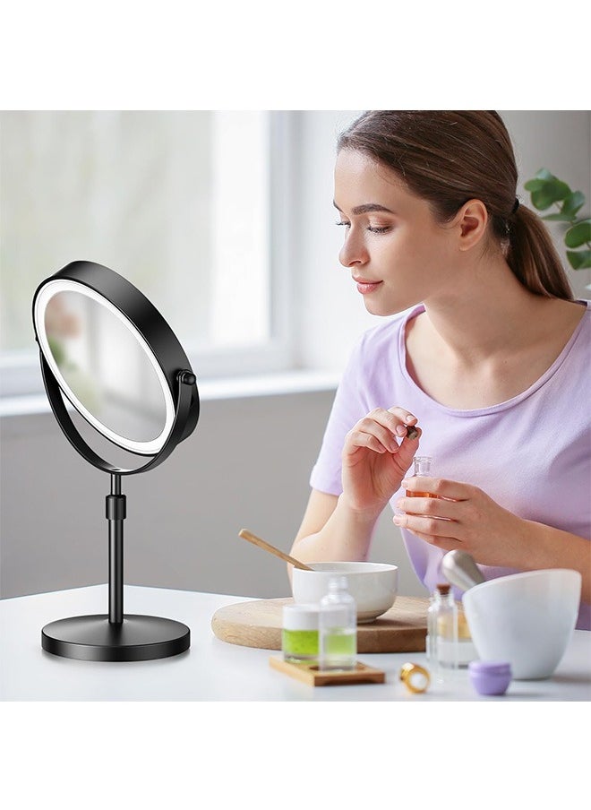 Rechargeable Lighted Height Adjustable Makeup Mirror with 3 Colors,45 Mins Auto Turn Off & Memory Function,Dimmable Double-Sided 1X/10X Magnification LED and 360° Rotation Standing Vanity Mirror