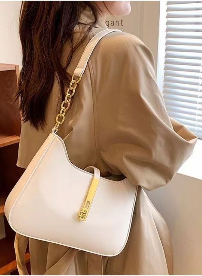 Women's Elegant Chain Shoulder Bag, New Fashionable Commuter Large Capacity Crossbody Bag Messenger Bag for Ladies, Simple Solid Color Wrist Bag Tote Bag for College Students(White)