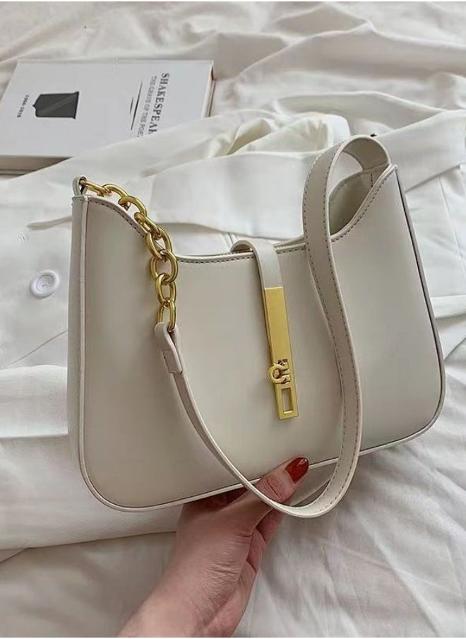 Women's Elegant Chain Shoulder Bag, New Fashionable Commuter Large Capacity Crossbody Bag Messenger Bag for Ladies, Simple Solid Color Wrist Bag Tote Bag for College Students(White)