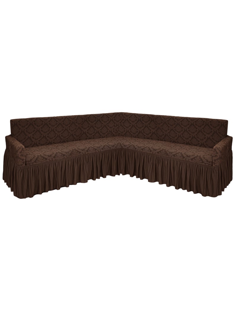 Stretch Fit L Shape Sofa Cover 6 Seater Slip Cover Jacquard Fabric Corner Sofa Cover for Large Sofa Free Size Fits on Different Models of Sofa 4 to 6 Meter Length with any Side Corner Chocolate Brown