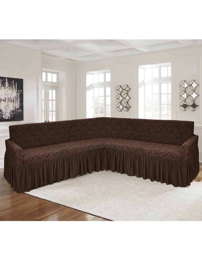 Stretch Fit L Shape Sofa Cover 6 Seater Slip Cover Jacquard Fabric Corner Sofa Cover for Large Sofa Free Size Fits on Different Models of Sofa 4 to 6 Meter Length with any Side Corner Chocolate Brown