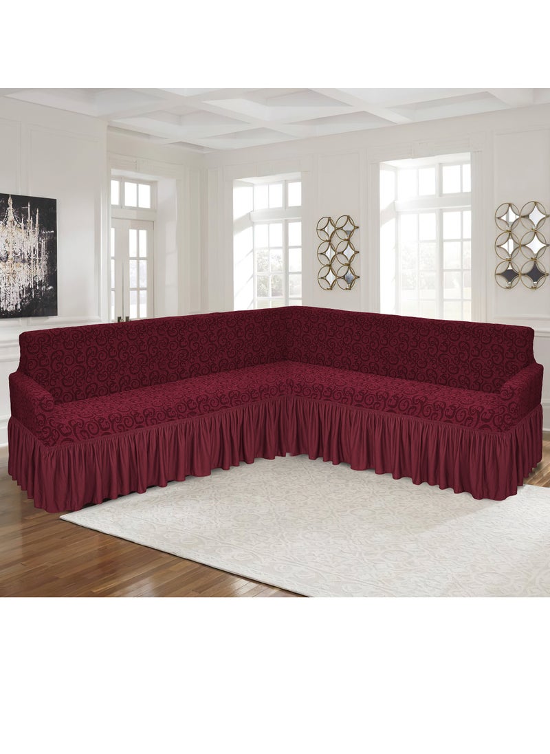 Stretch Fit L Shape Sofa Cover 6 Seater Slip Cover Jacquard Fabric Corner Sofa Cover for Large Sofa Free Size Fits on Different Models of Sofa 4 to 6 Meter Length with any Side Corner Maroon