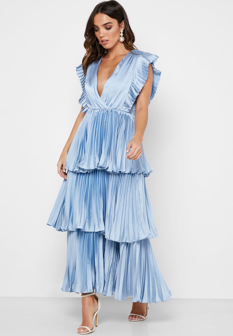 Plunge Tiered Dress Blue