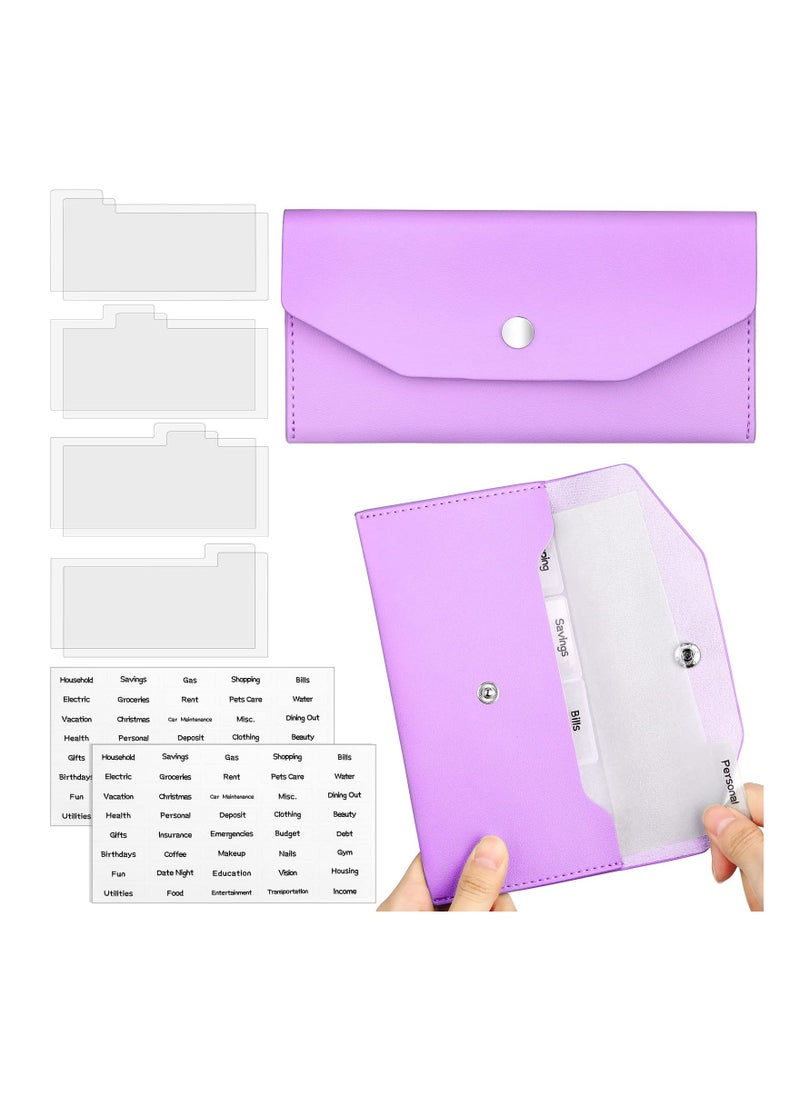 11 Pieces Cash Envelope Wallet PU Leather Cash Envelopes Cash Wallet Reusable Budget Envelope Cash Dividers for Wallets with Cash Envelope Tab Stickers for Bill Planner (Purple Wallet)