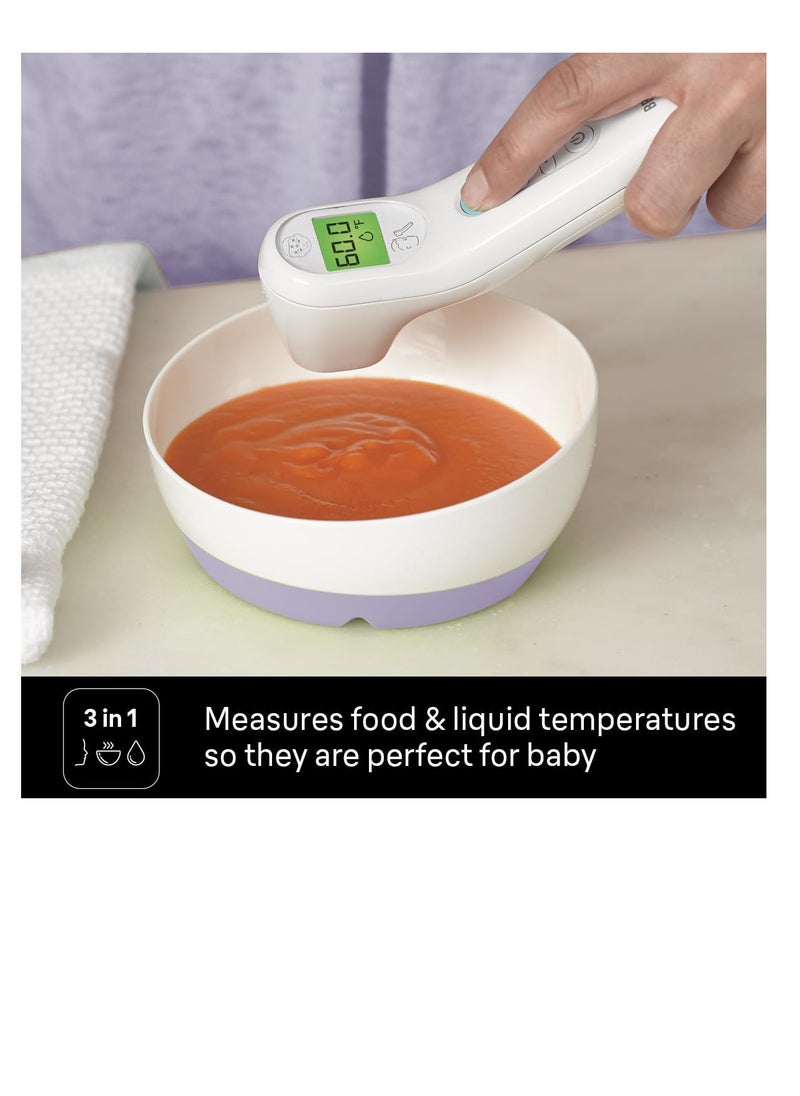 No Touch 3-in-1 Thermometer Measures Forehead Liquid and Food Temps Professional Accuracy and Color Coded Fever Guidance for Babies Kids Toddlers and Adults FSA and HSA Eligible