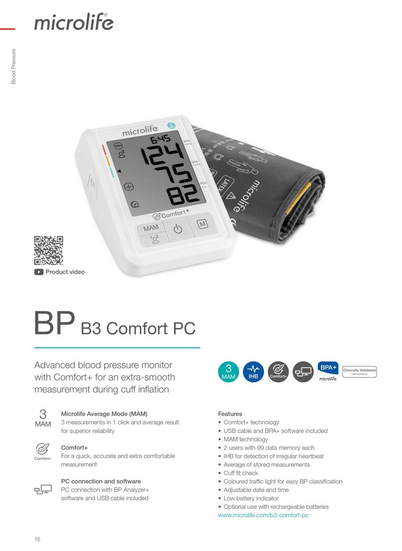 Blood Pressure Monitor BP B3 Comfort PC, with IHB Technology & PC integrated Data Analysis