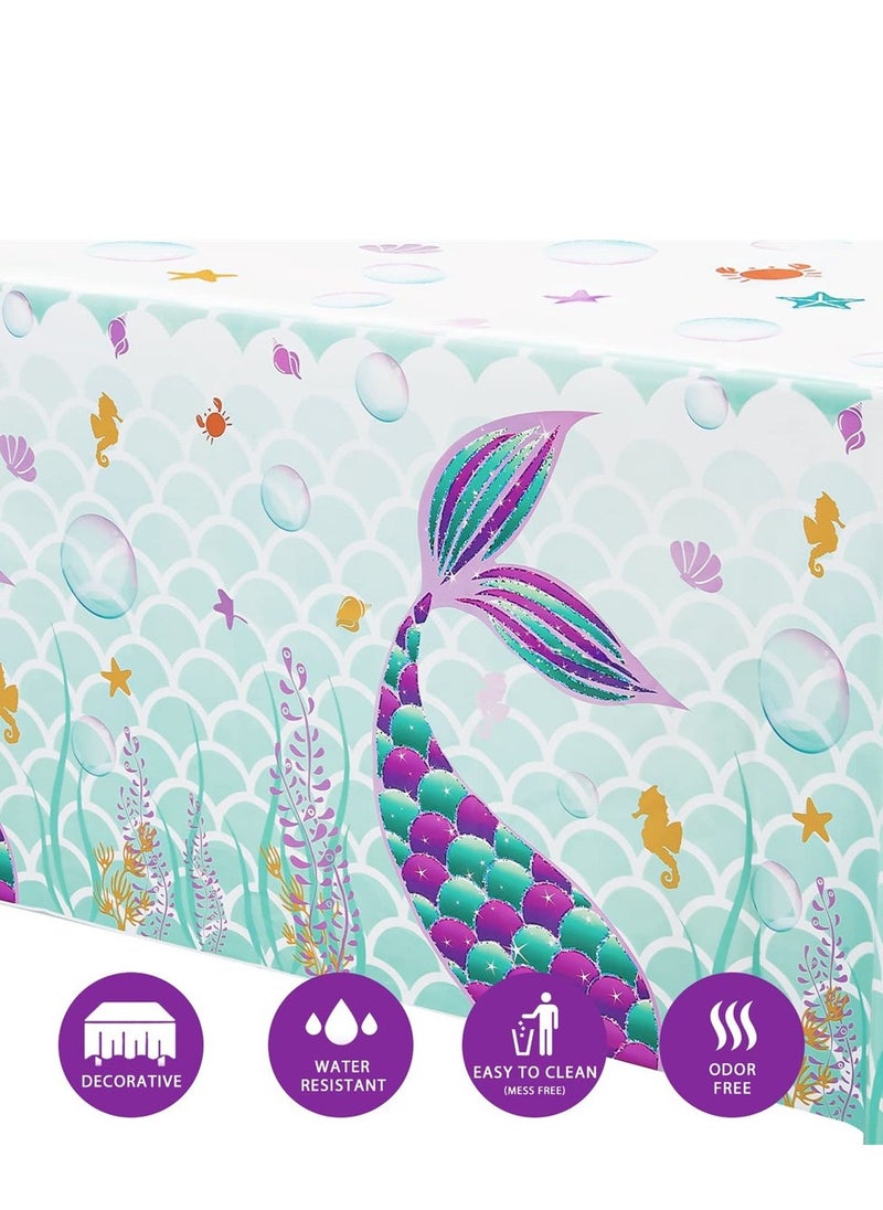 Mermaid Table Cover, 3 Pack Disposable Printed Plastic Tablecloth Party Supplies for Kids Girls Birthday Baby Mermaid Themed Under The Sea Party Decoration (42.5 × 70.8 Inch)