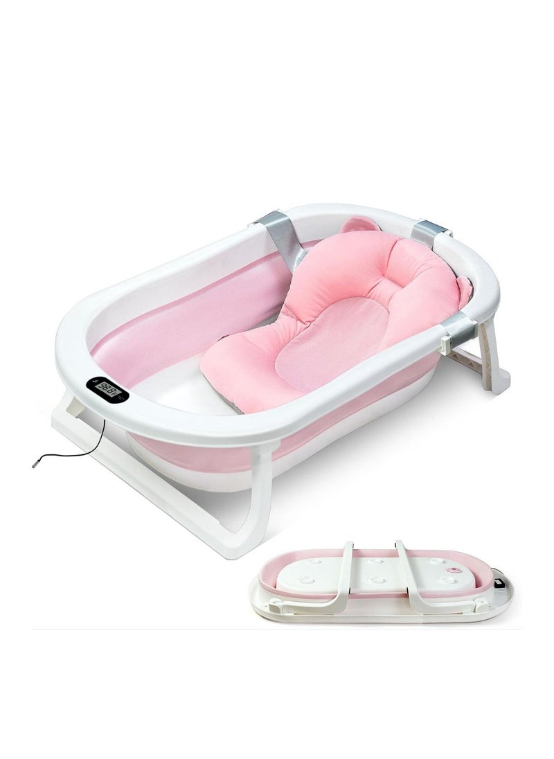 Baby Foldable Bath Tub with Bathmat Cushion & Thermometer, Portable Baby Bathtub with Drain Hole, Shower Basin with Non-Slip Support Leg for 0-6 Years Boy Girl (Pink)