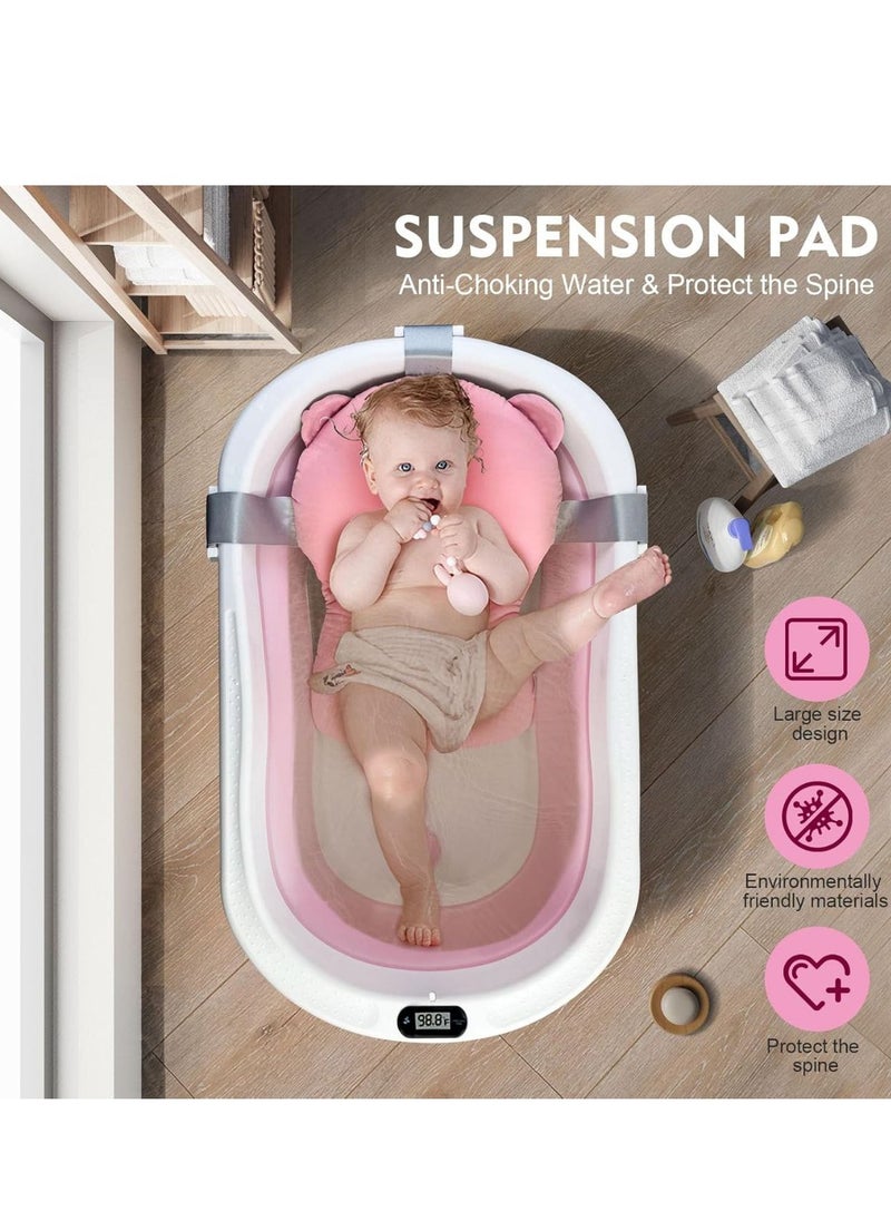 Baby Foldable Bath Tub with Bathmat Cushion & Thermometer, Portable Baby Bathtub with Drain Hole, Shower Basin with Non-Slip Support Leg for 0-6 Years Boy Girl (Pink)