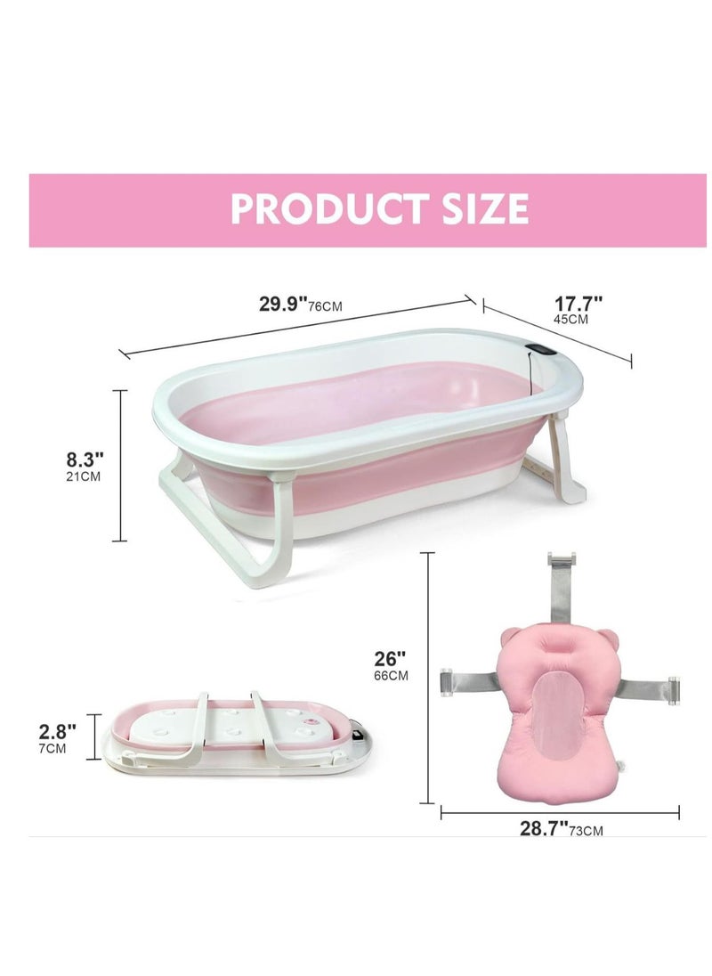 Baby Foldable Bath Tub with Bathmat Cushion & Thermometer, Portable Baby Bathtub with Drain Hole, Shower Basin with Non-Slip Support Leg for 0-6 Years Boy Girl (Pink)