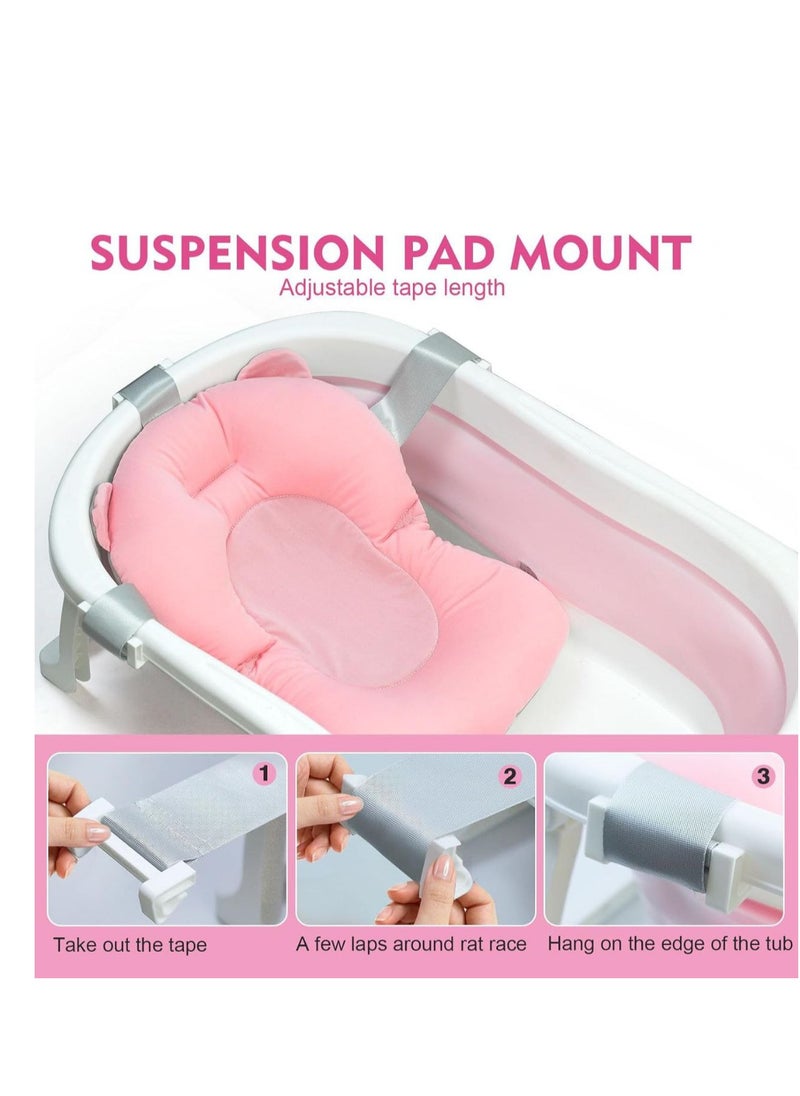 Baby Foldable Bath Tub with Bathmat Cushion & Thermometer, Portable Baby Bathtub with Drain Hole, Shower Basin with Non-Slip Support Leg for 0-6 Years Boy Girl (Pink)