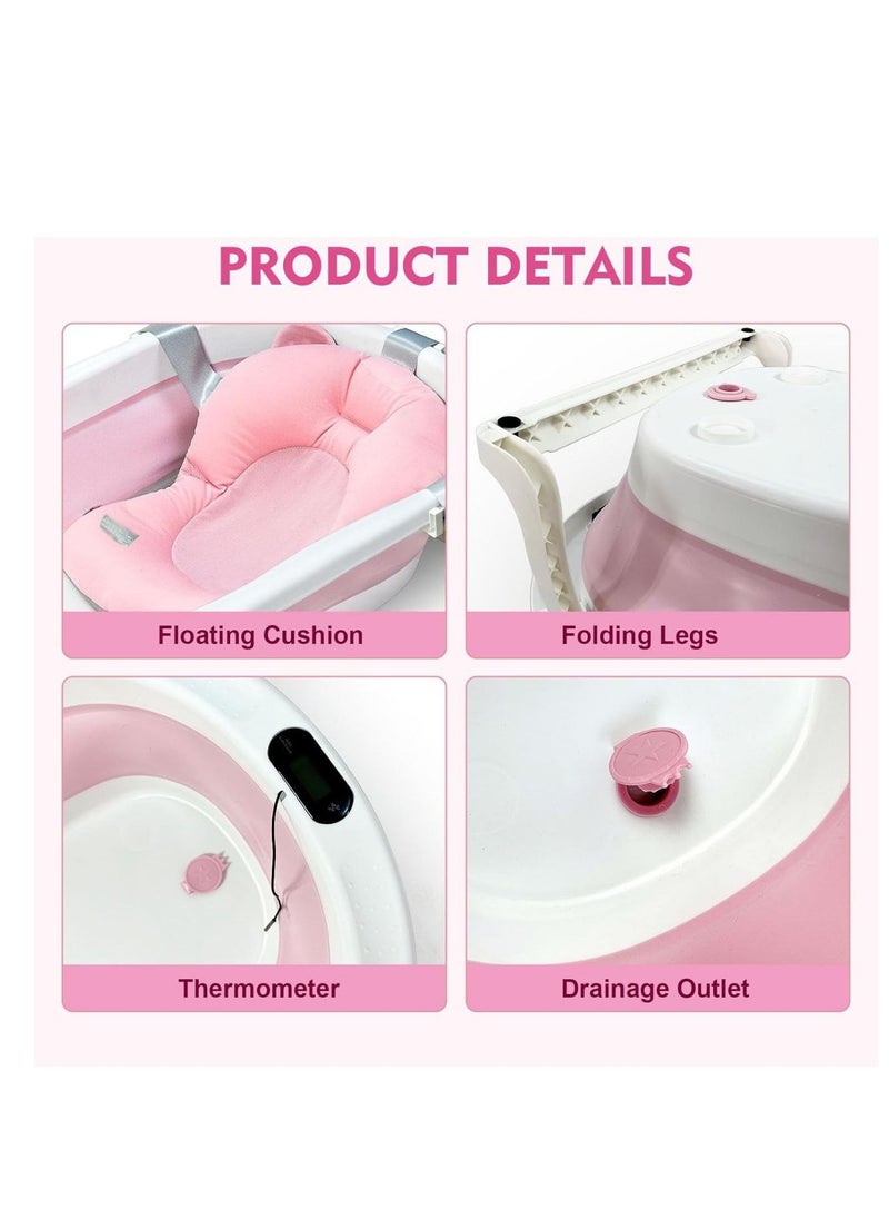 Baby Foldable Bath Tub with Bathmat Cushion & Thermometer, Portable Baby Bathtub with Drain Hole, Shower Basin with Non-Slip Support Leg for 0-6 Years Boy Girl (Pink)