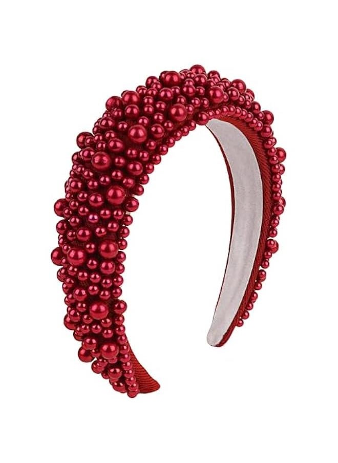 Pearl Headbands for Women, Pearl Headband for Women Wedding, Fluffy Padded Headband with Faux Pearls, Wide Thick Beaded Bling Hairbands (Red, 6.3×1.77inch(W×H))