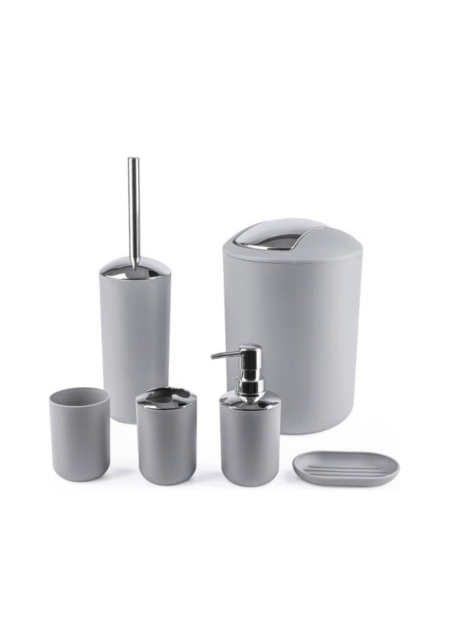 Bathroom Accessories Set with Tray, 6 Piece Plastic Gift Bath Set with Trash Can, Toilet Brush, Soap Dispenser, Soap Dish, Lotion Set Tumbler Cup (Grey)