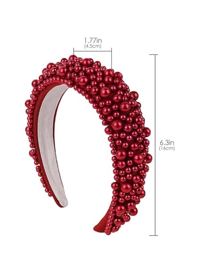 Pearl Headbands for Women, Pearl Headband for Women Wedding, Fluffy Padded Headband with Faux Pearls, Wide Thick Beaded Bling Hairbands (Red, 6.3×1.77inch(W×H))
