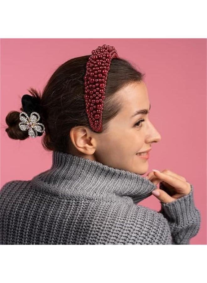 Pearl Headbands for Women, Pearl Headband for Women Wedding, Fluffy Padded Headband with Faux Pearls, Wide Thick Beaded Bling Hairbands (Red, 6.3×1.77inch(W×H))