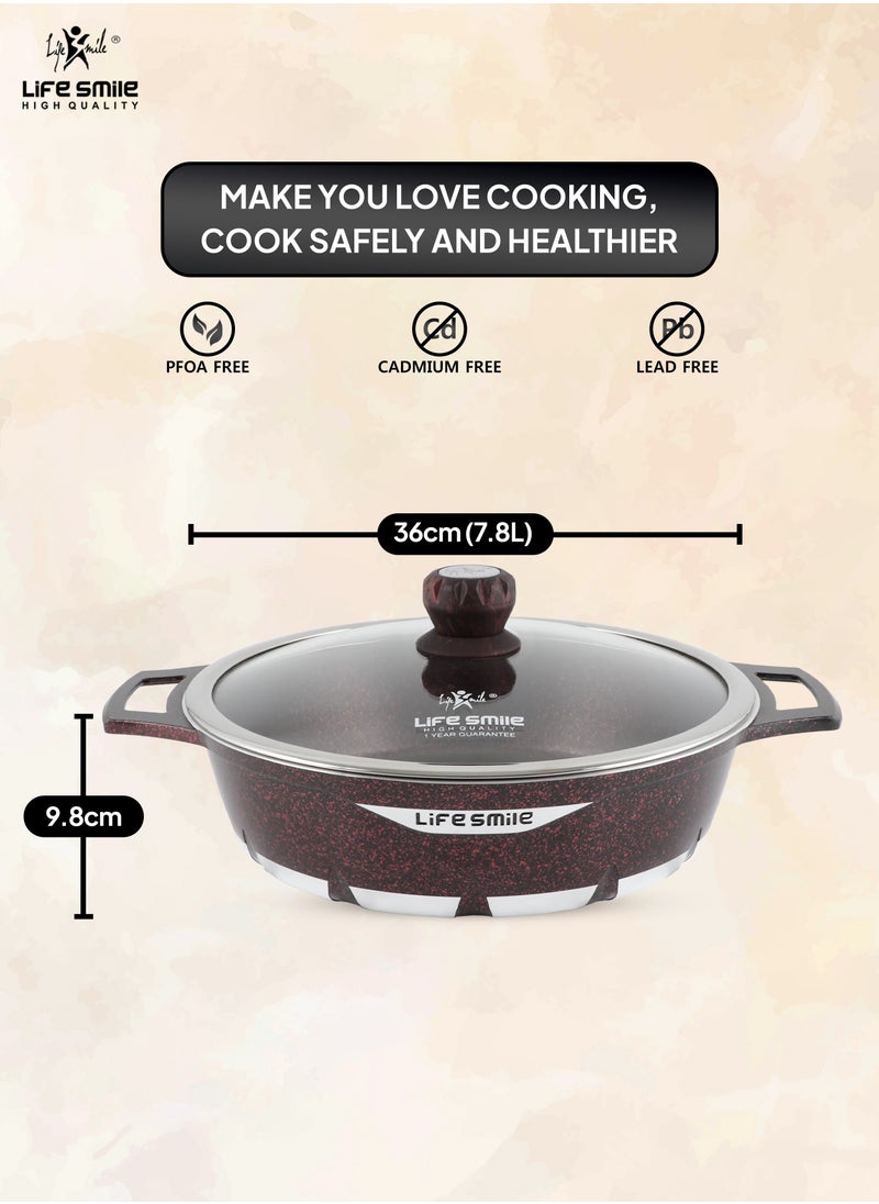 LIFE SMILE Shallow Pot with Lid | Multi Layer Non Stick Granite Coating 100% PFOA FREE | Oven Safe Frying Pan | Easy To Clean | Scratch Resistant (36 CM (7.8 Liters), Black)