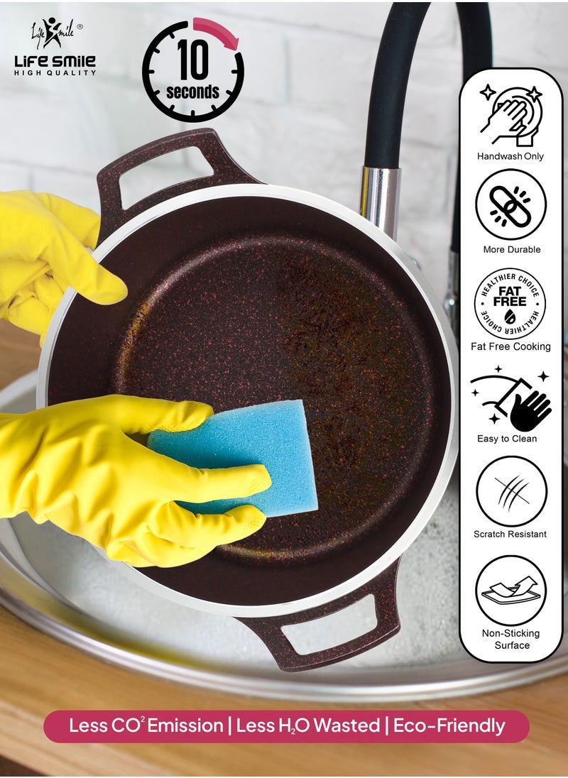 LIFE SMILE Shallow Pot with Lid | Multi Layer Non Stick Granite Coating 100% PFOA FREE | Oven Safe Frying Pan | Easy To Clean | Scratch Resistant (36 CM (7.8 Liters), Black)