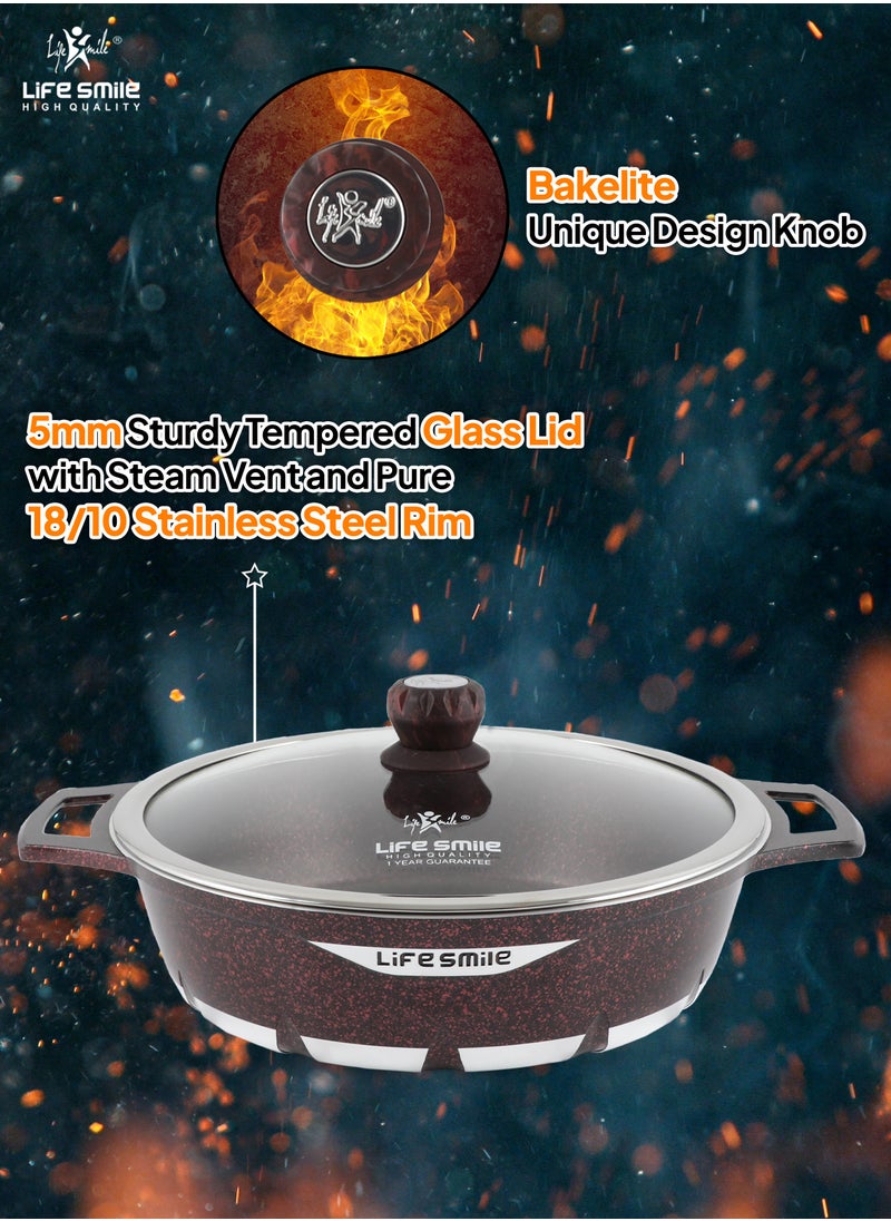 LIFE SMILE Shallow Pot with Lid | Multi Layer Non Stick Granite Coating 100% PFOA FREE | Oven Safe Frying Pan | Easy To Clean | Scratch Resistant (36 CM (7.8 Liters), Black)