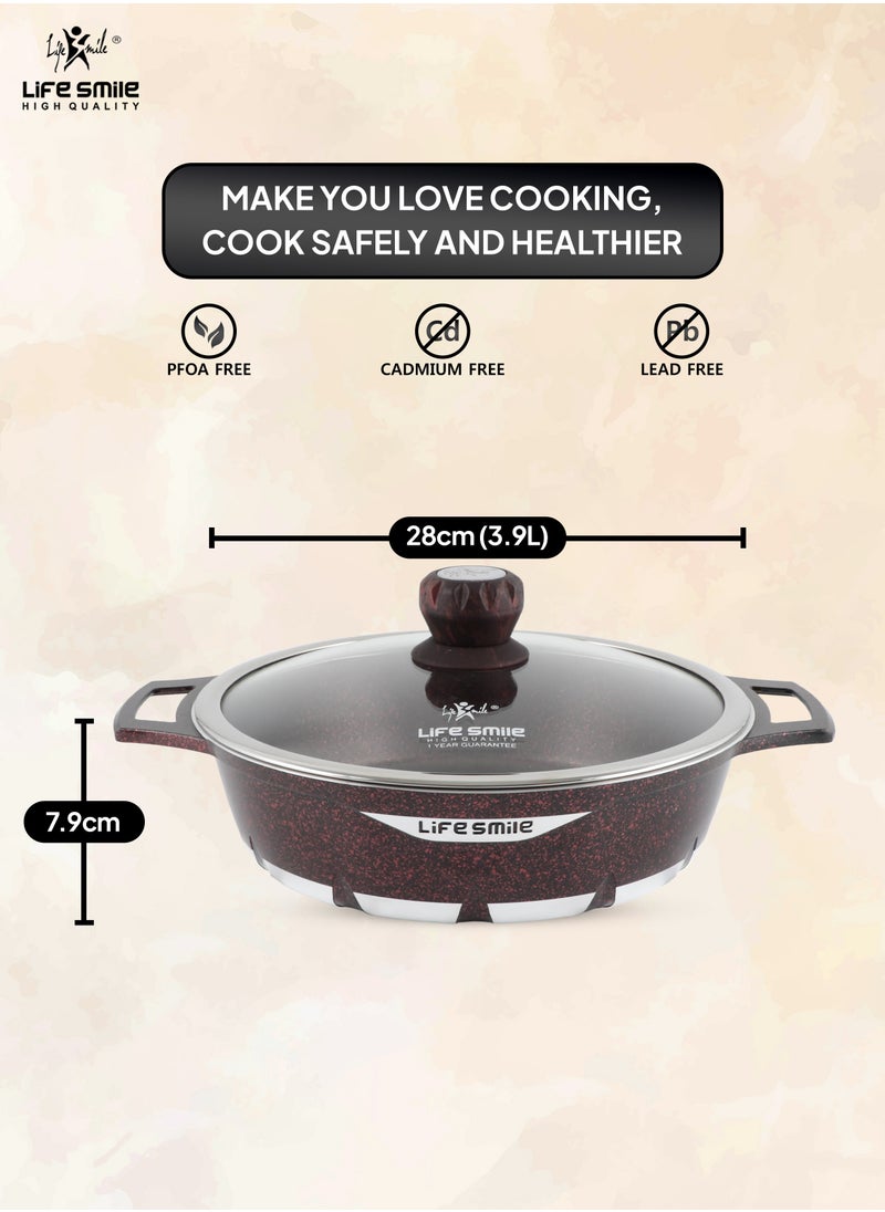 LIFE SMILE Shallow Pot with Lid | Multi Layer Non Stick Granite Coating 100% PFOA FREE | Oven Safe Frying Pan | Easy To Clean | Scratch Resistant (40 CM (9.6 Liters), Red)
