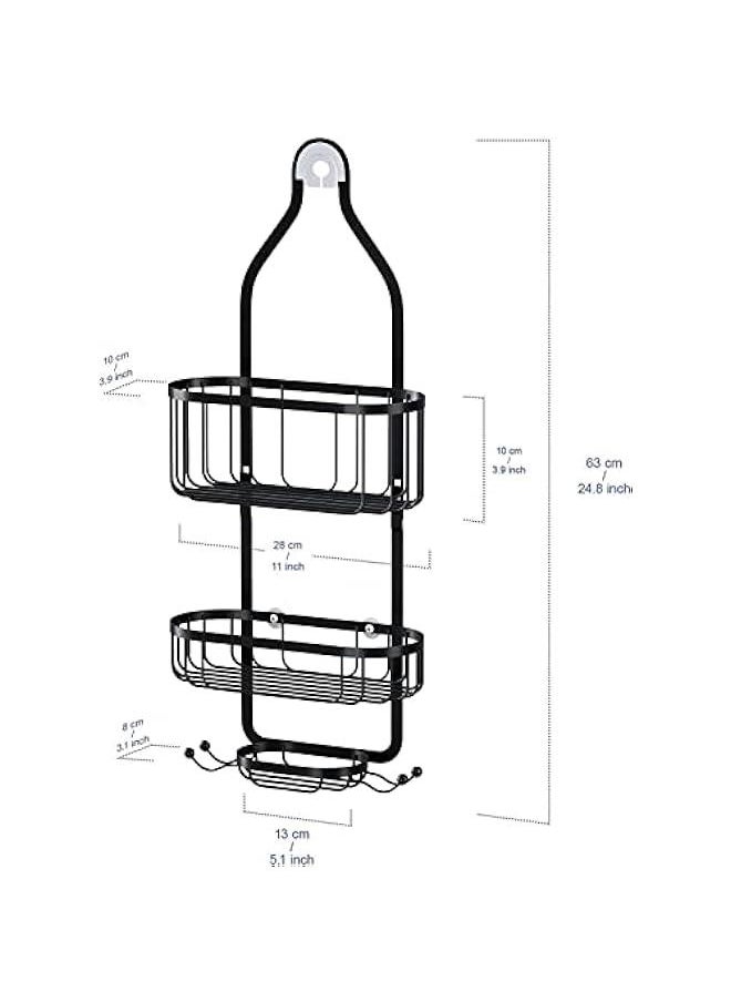 Bathroom Hanging Shower Organizer, Over Head Shower Caddy Basket with Hooks for Razor and Sponge, Rustproof Stainless Steel, Black