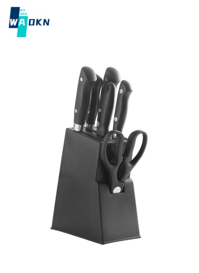 7-piece Knife Block Set. Forged Special Formula Stainless Steel, Ergonomic Handle, Set: 2 Kitchen Knives, 2 Fruit Knives, Scissors, Sharpening Rod, Knife Holder