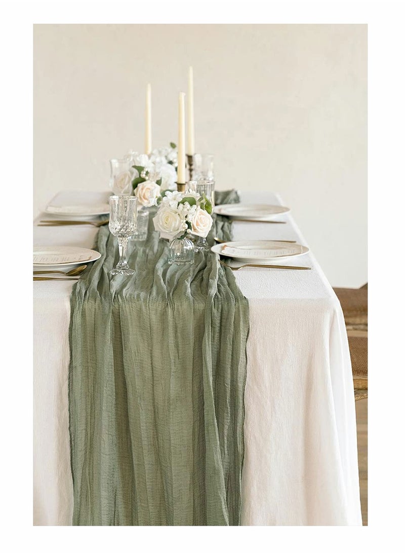 Wide Green Gauze, Semi Sheer Table Runner Cheesecloth Tablecloth for Wedding Reception Bridal Shower Birthday Party for Rustic Wedding Deco Table Centerpieces Decor (14