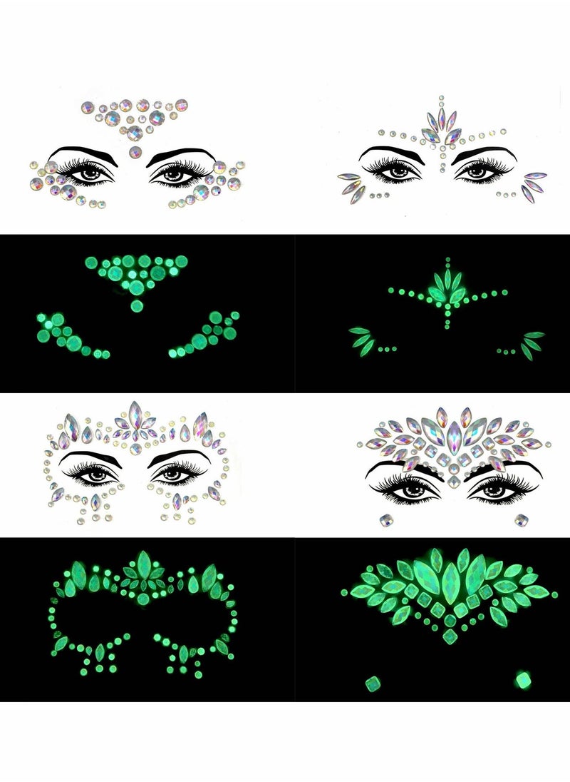 4 Sets Luminous Face Jewels, Women Mermaid Gems, Glitter Rhinestone Rave Stickers, Crystals Eyes Temporary Tattoos Glow in the Dark