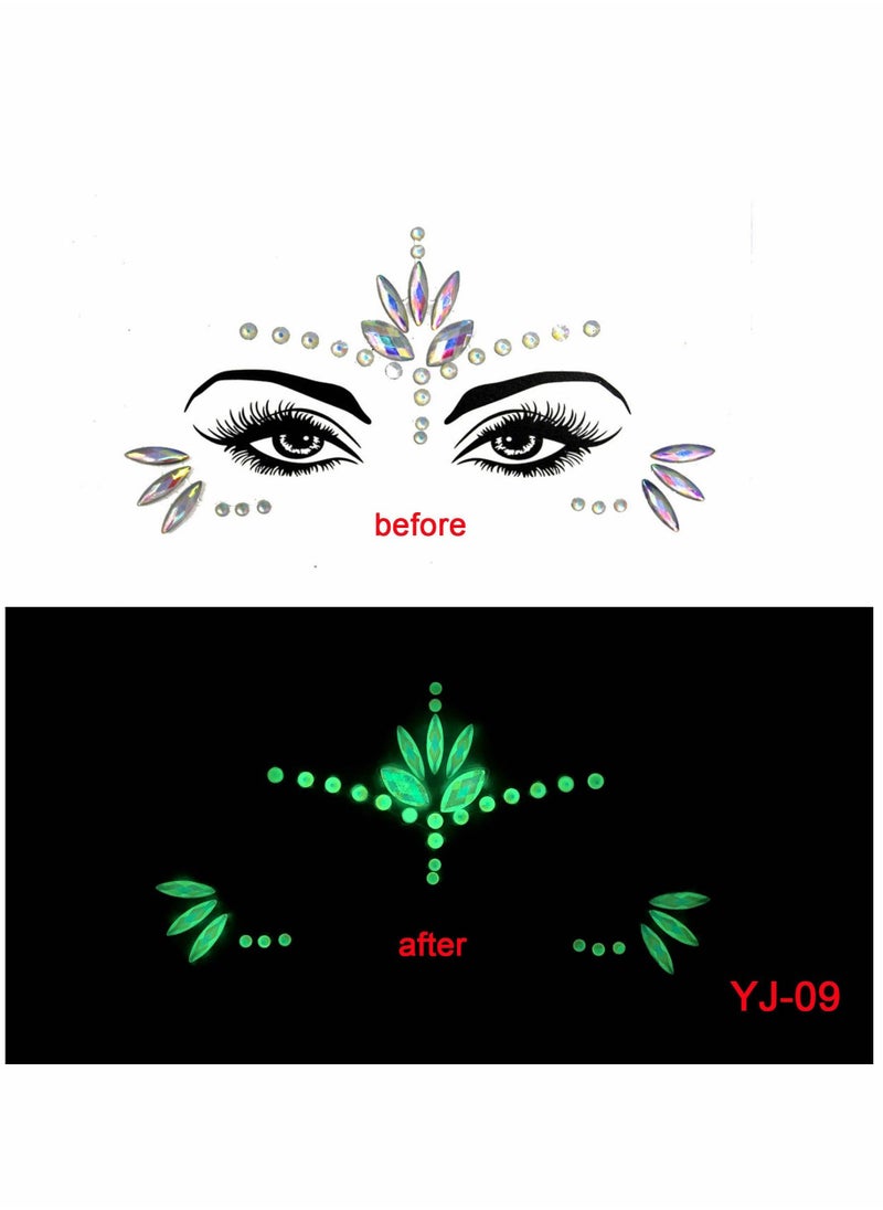 4 Sets Luminous Face Jewels, Women Mermaid Gems, Glitter Rhinestone Rave Stickers, Crystals Eyes Temporary Tattoos Glow in the Dark