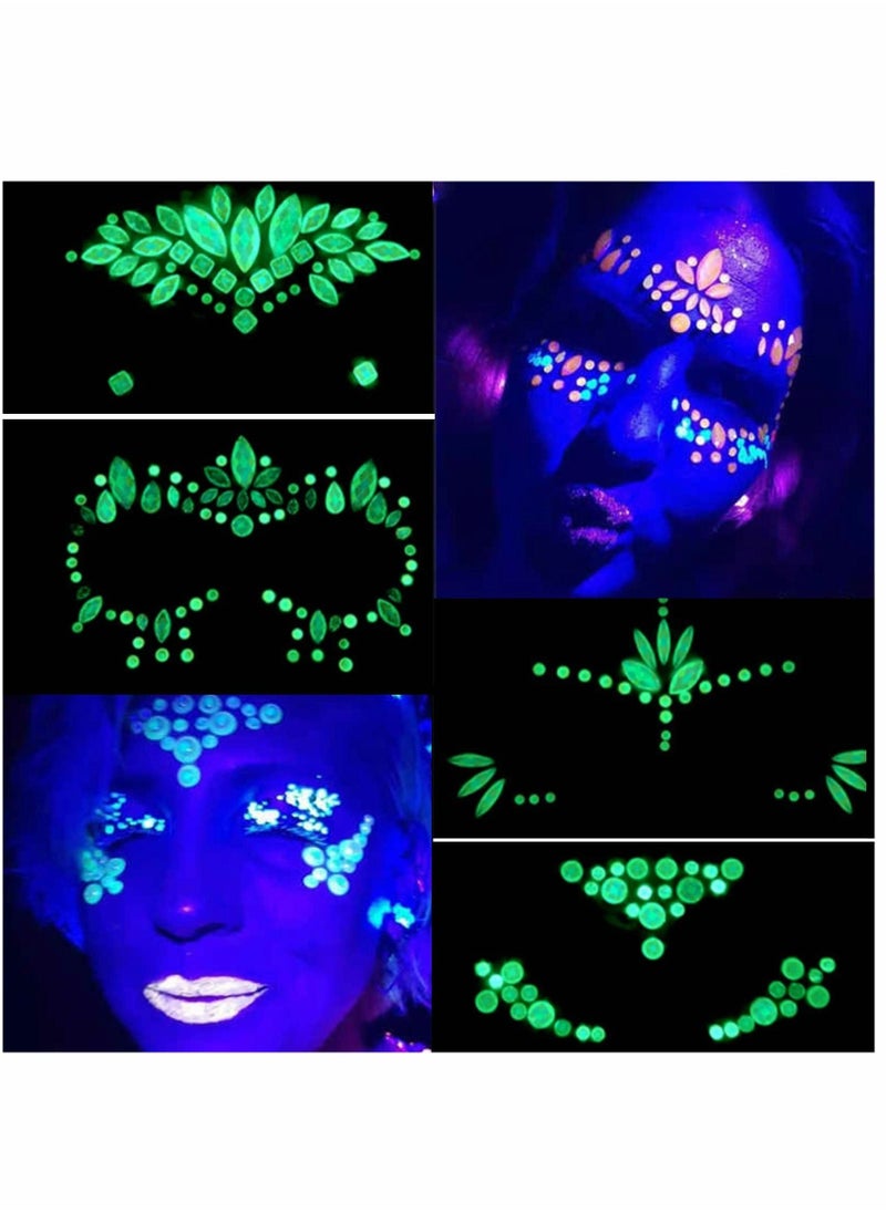 4 Sets Luminous Face Jewels, Women Mermaid Gems, Glitter Rhinestone Rave Stickers, Crystals Eyes Temporary Tattoos Glow in the Dark