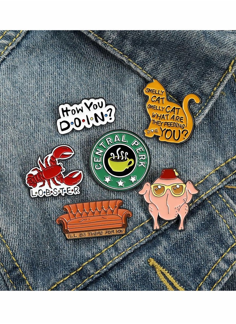 Enamel Pins Set 6 Pcs Cartoon Brooches Friends TV Show Brooch Pins Enamel Lapel Pins for Backpack Hat Lapel Jacket Badges Button Cool Funny Aesthetic Fashion Badge Jewelry for Women