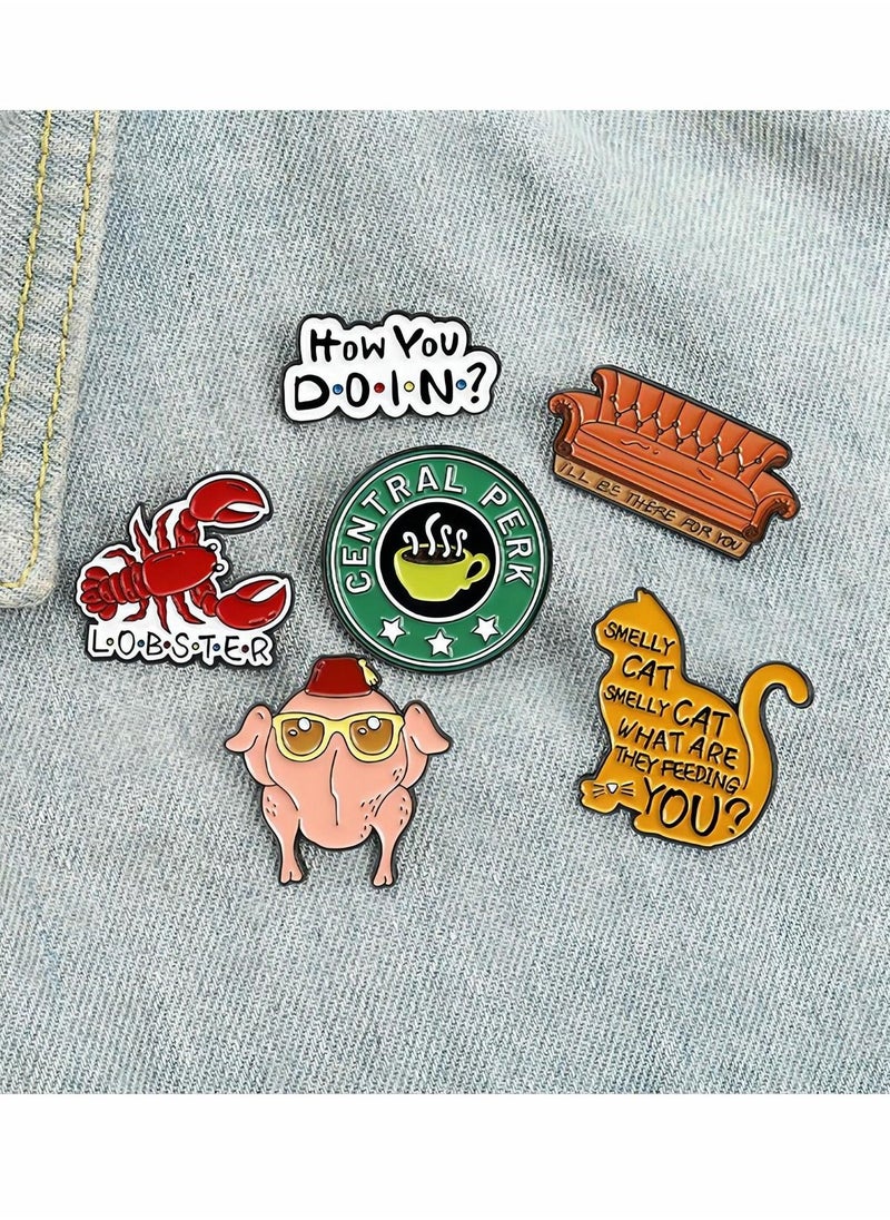 Enamel Pins Set 6 Pcs Cartoon Brooches Friends TV Show Brooch Pins Enamel Lapel Pins for Backpack Hat Lapel Jacket Badges Button Cool Funny Aesthetic Fashion Badge Jewelry for Women