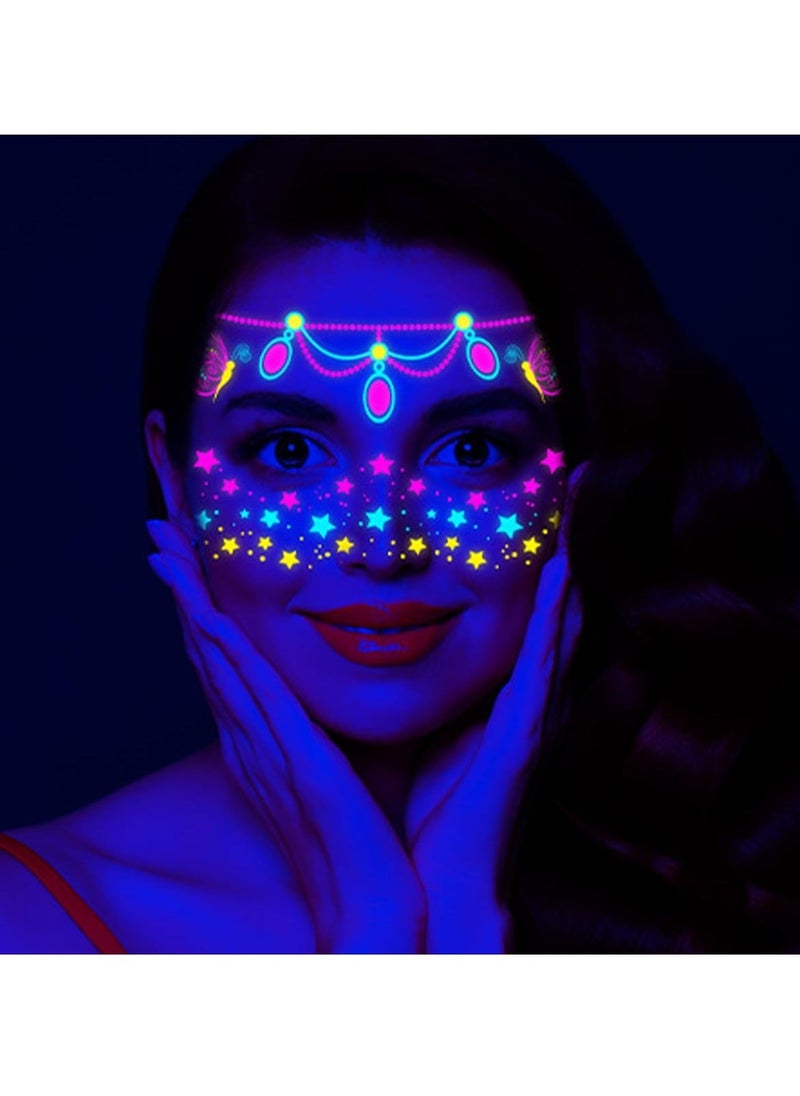 Luminous Face Tattoo Stickers Body Glow in the Dark Fluorescent Face Rhinestone Tattoo Temporary Tattoo Sparkly UV Neon Mask Tattoo Rave Festival Accessory Party (8 PCS)