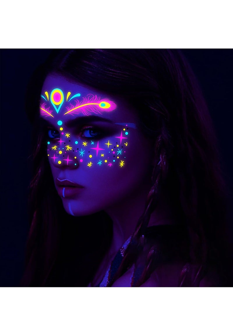 Luminous Face Tattoo Stickers Body Glow in the Dark Fluorescent Face Rhinestone Tattoo Temporary Tattoo Sparkly UV Neon Mask Tattoo Rave Festival Accessory Party (8 PCS)