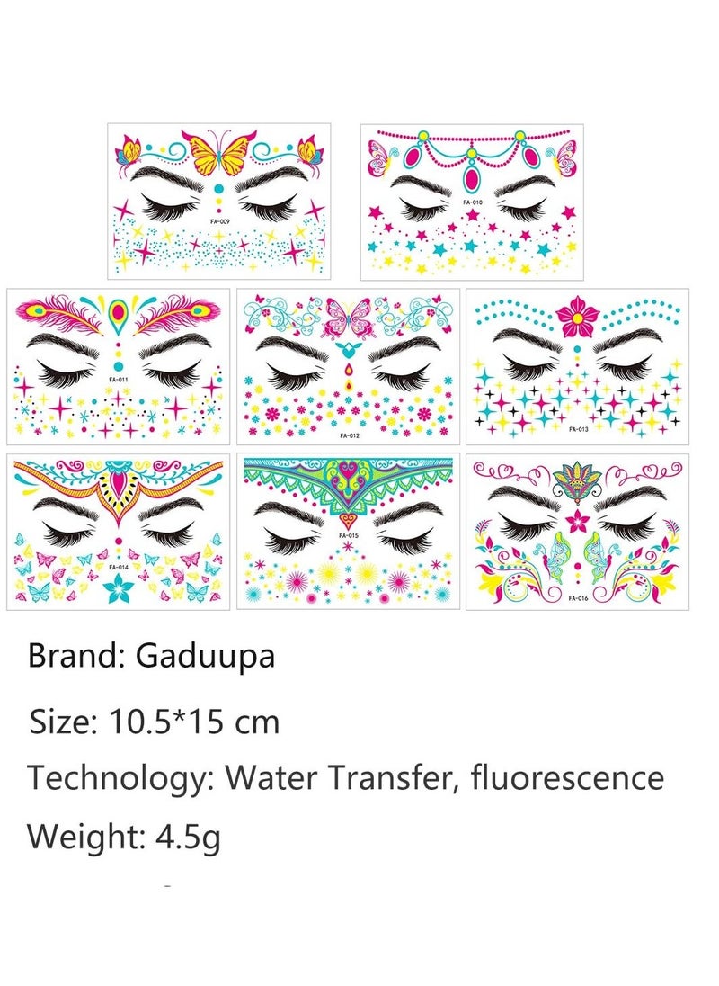 Luminous Face Tattoo Stickers Body Glow in the Dark Fluorescent Face Rhinestone Tattoo Temporary Tattoo Sparkly UV Neon Mask Tattoo Rave Festival Accessory Party (8 PCS)