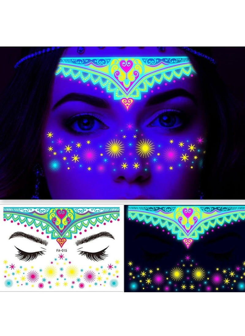 Luminous Face Tattoo Stickers Body Glow in the Dark Fluorescent Face Rhinestone Tattoo Temporary Tattoo Sparkly UV Neon Mask Tattoo Rave Festival Accessory Party (8 PCS)