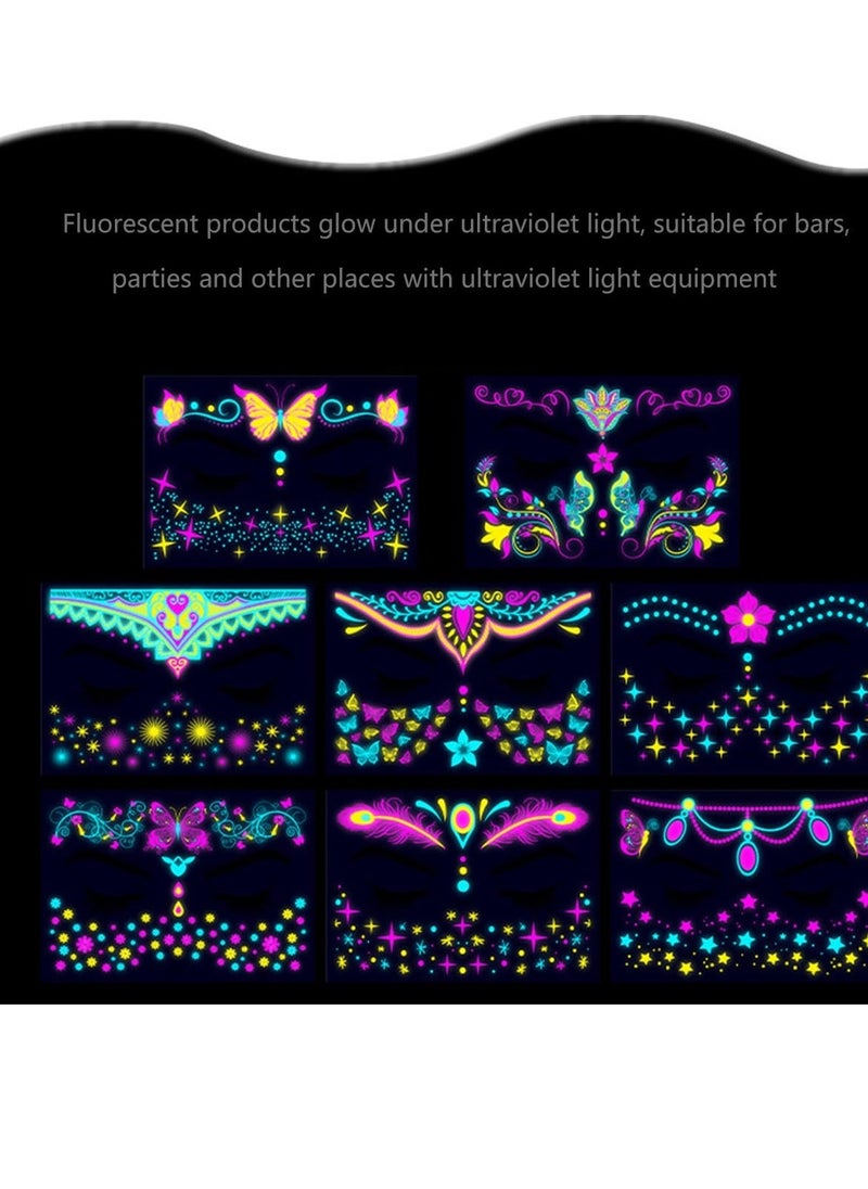 Luminous Face Tattoo Stickers Body Glow in the Dark Fluorescent Face Rhinestone Tattoo Temporary Tattoo Sparkly UV Neon Mask Tattoo Rave Festival Accessory Party (8 PCS)