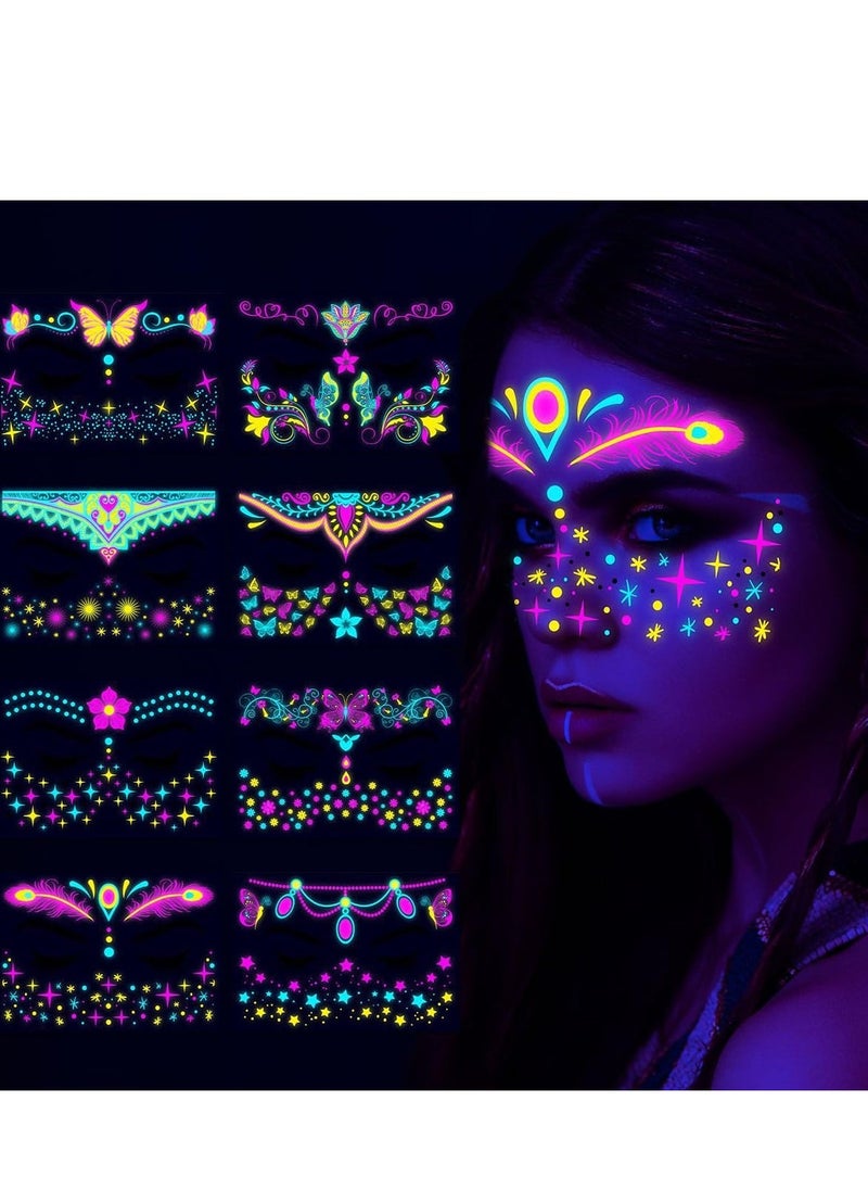 Luminous Face Tattoo Stickers Body Glow in the Dark Fluorescent Face Rhinestone Tattoo Temporary Tattoo Sparkly UV Neon Mask Tattoo Rave Festival Accessory Party (8 PCS)