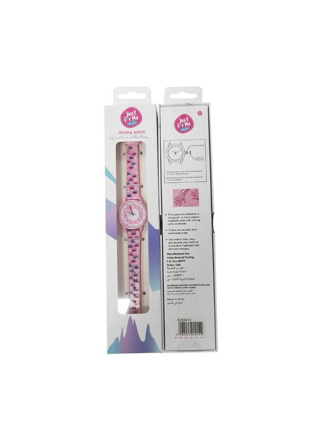 Just For Me Pink Glitter Crown Analog Watch with Fabric Strap