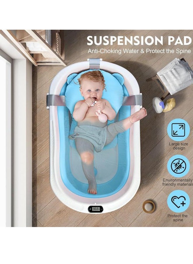 Baby Foldable Bath Tub With Bathmat Cushion & Thermometer, Portable Baby Bathtub With Drain Hole, Shower Basin With Non-Slip Support Leg For 0-6 Years Boy Girl (Blue)