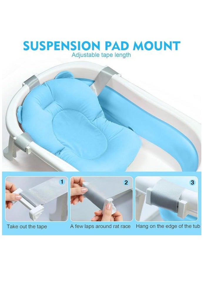 Baby Foldable Bath Tub With Bathmat Cushion & Thermometer, Portable Baby Bathtub With Drain Hole, Shower Basin With Non-Slip Support Leg For 0-6 Years Boy Girl (Blue)