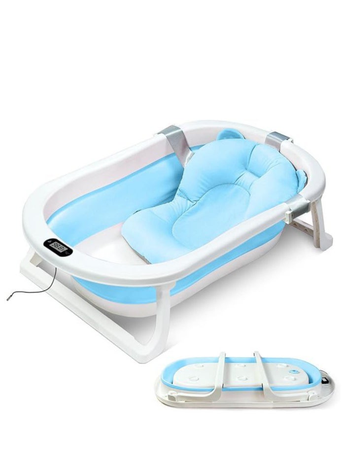 Baby Foldable Bath Tub With Bathmat Cushion & Thermometer, Portable Baby Bathtub With Drain Hole, Shower Basin With Non-Slip Support Leg For 0-6 Years Boy Girl (Blue)