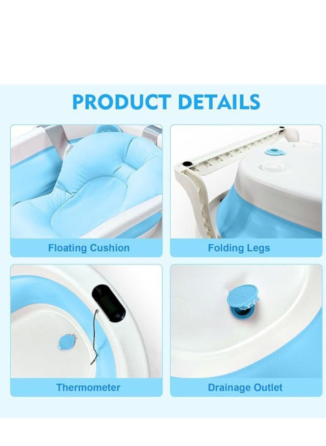 Baby Foldable Bath Tub With Bathmat Cushion & Thermometer, Portable Baby Bathtub With Drain Hole, Shower Basin With Non-Slip Support Leg For 0-6 Years Boy Girl (Blue)