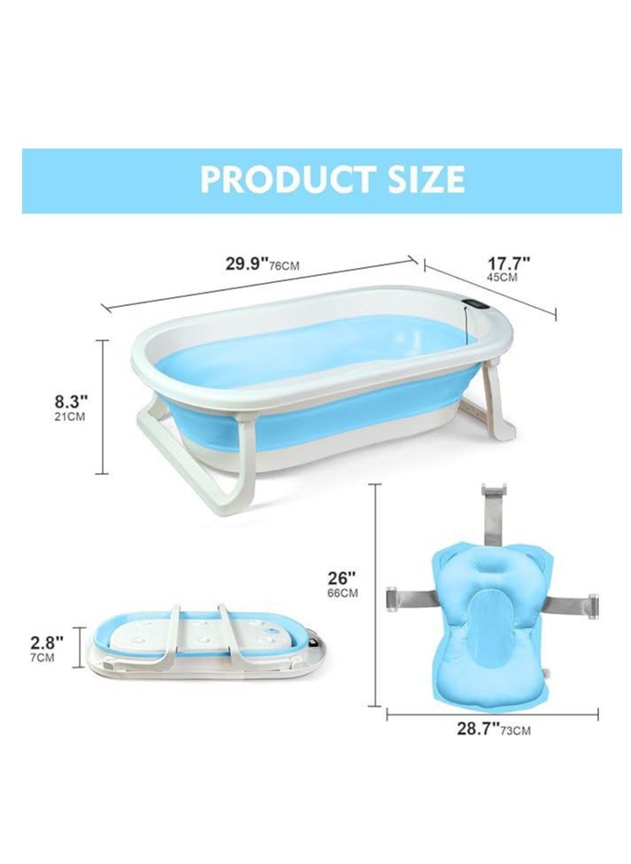 Baby Foldable Bath Tub With Bathmat Cushion & Thermometer, Portable Baby Bathtub With Drain Hole, Shower Basin With Non-Slip Support Leg For 0-6 Years Boy Girl (Blue)