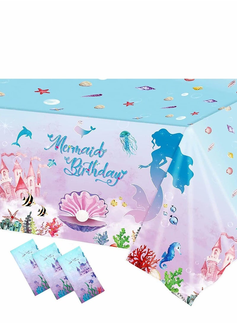 Mermaid Party Table Cloth, Plastic Table Cover, Rectangular PVC Tablecloth for Kids Girls Birthday Mermaid Party Supplies Decorations, Ocean Sea Party Decor Favors (3 Pack, 51 x 86.6 Inch)